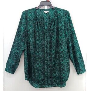 Jaclyn Smith Blouse Women Size 2XL Green Long Sleeve Split V Neck Button Up Top